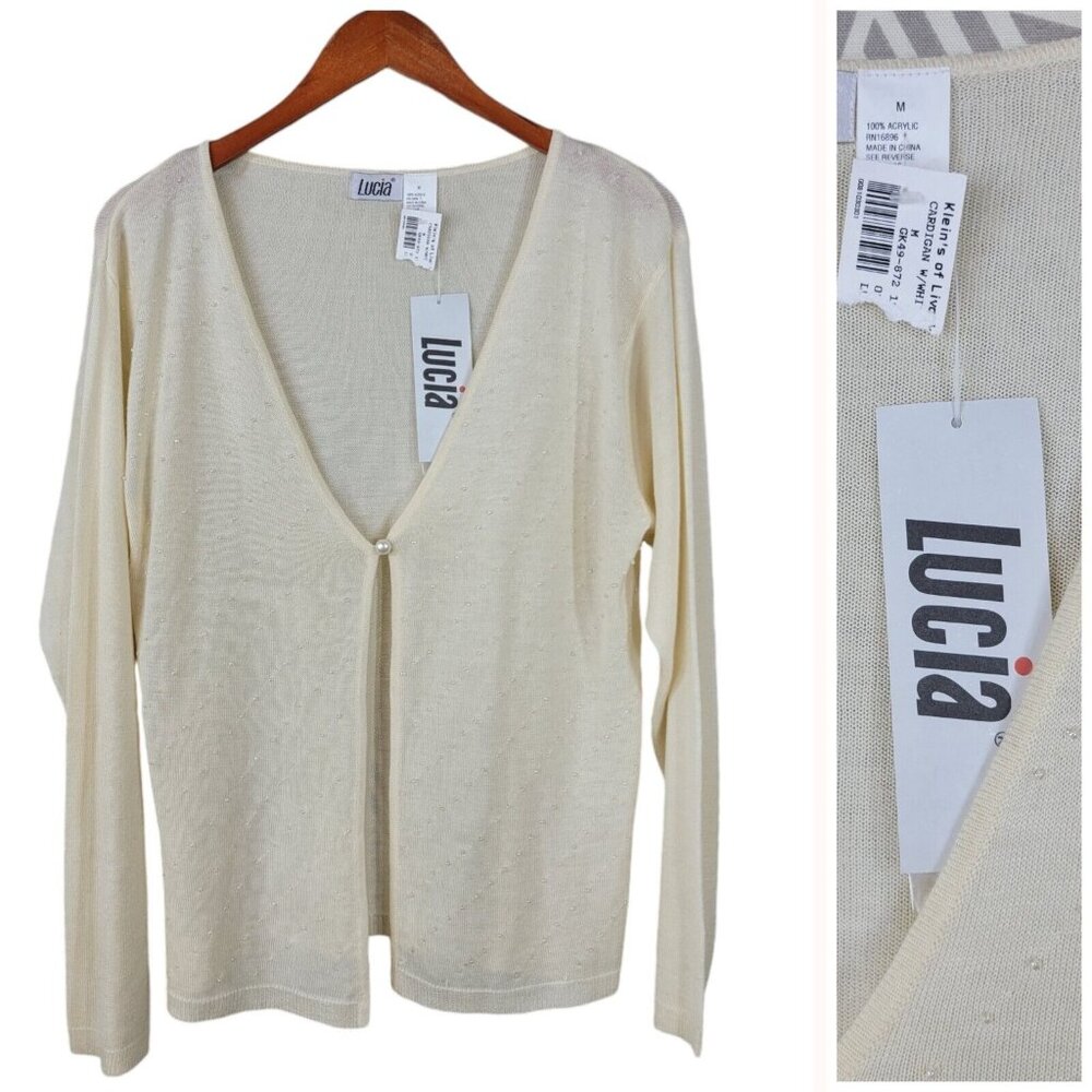 Vintage Y2K NEW Lucia size Medium Cardigan Sweater Beaded Ivory Lightweight